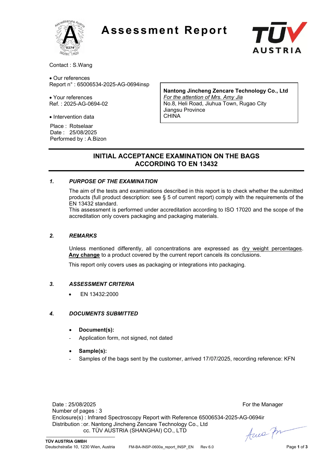 First page of EN 13432 assessment, reference 65006534-2025-AG-0694insp