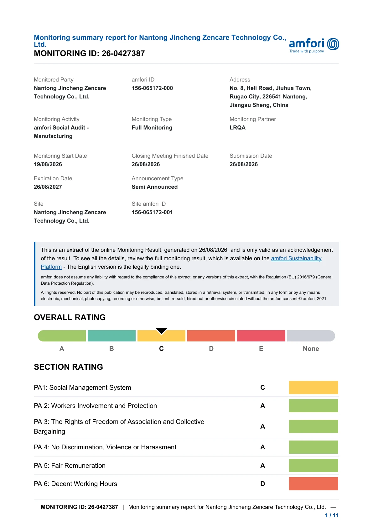 First page of amfori BSCI Social Audit — Full Monitoring, reference 26-0427387