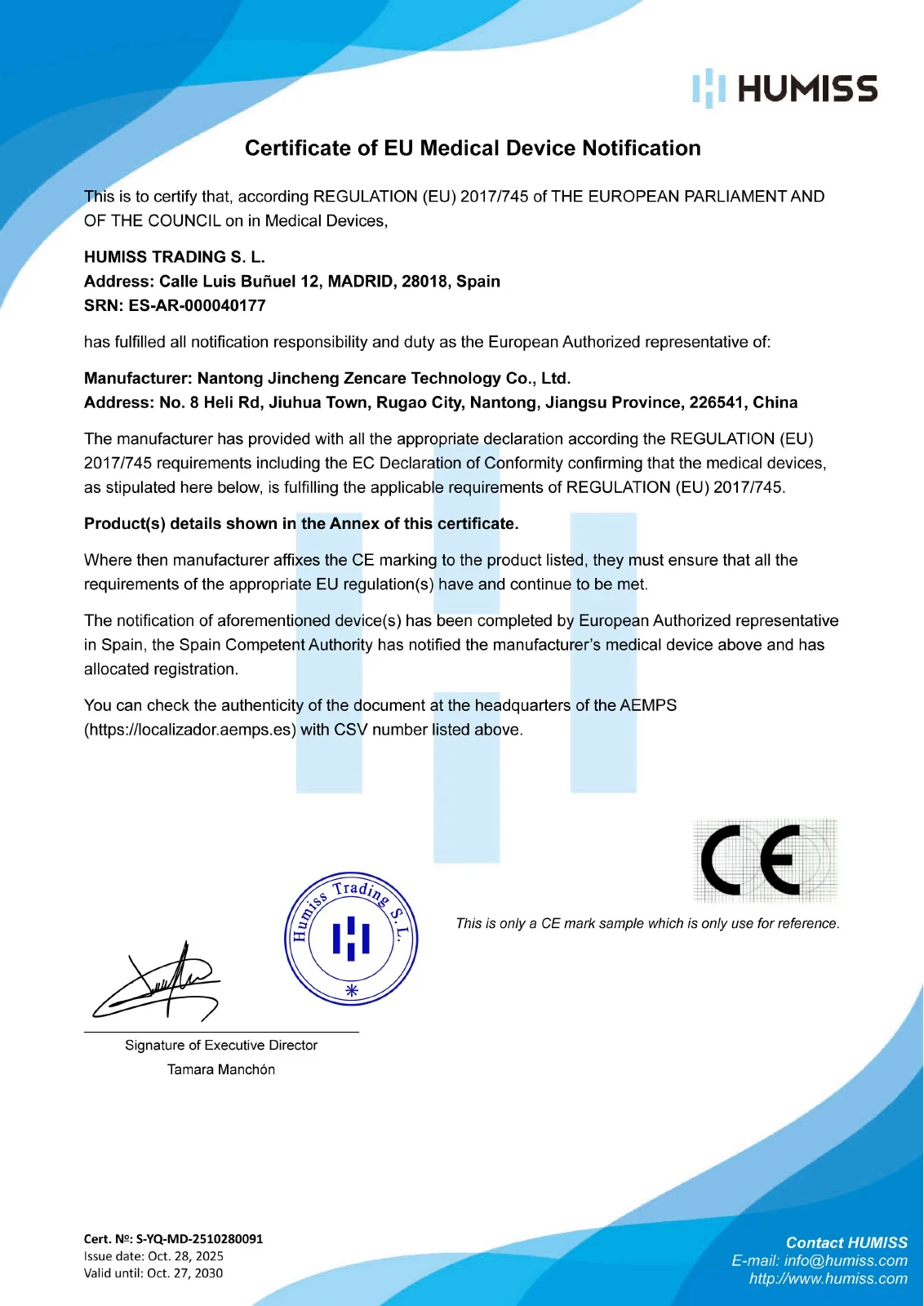 First page of EU Medical Device Notification, reference S-YQ-MD-2510280091