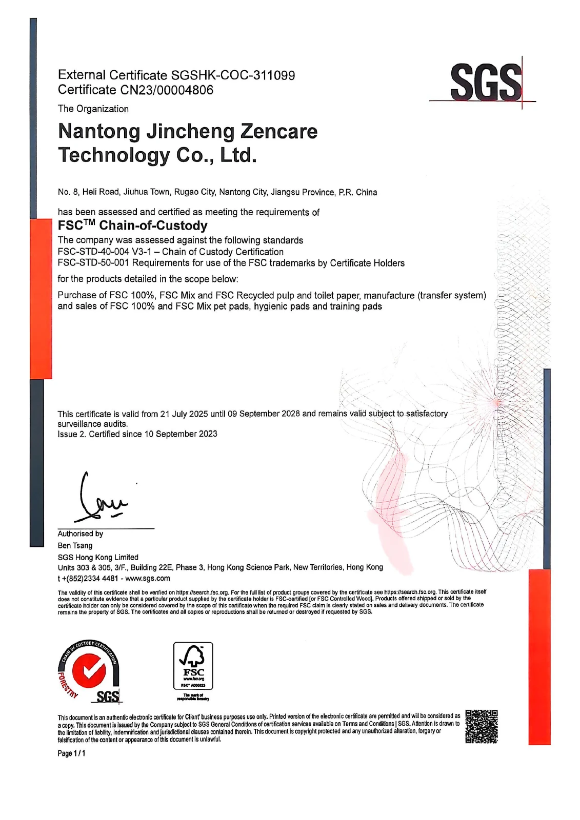 First page of FSC® Chain of Custody, reference SGSHK-COC-311099