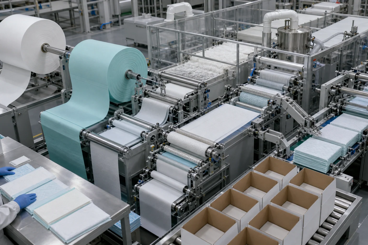 Pet pad production process on automated manufacturing equipment