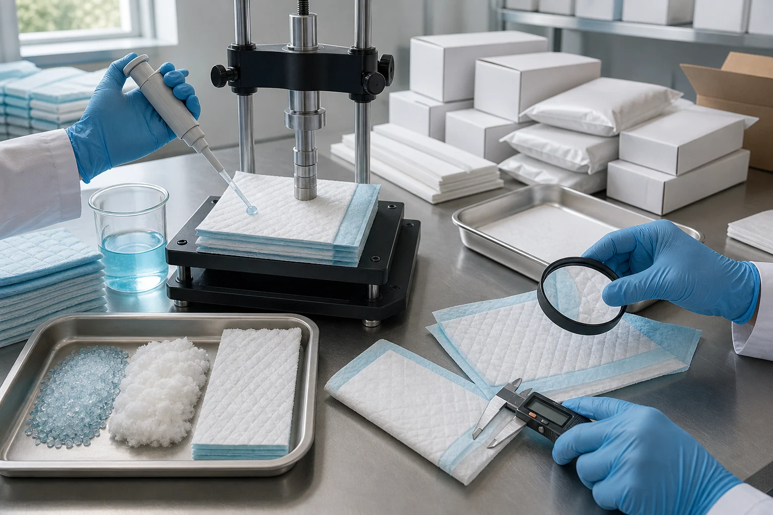 Quality inspection of an absorbent pet pad in a clean laboratory