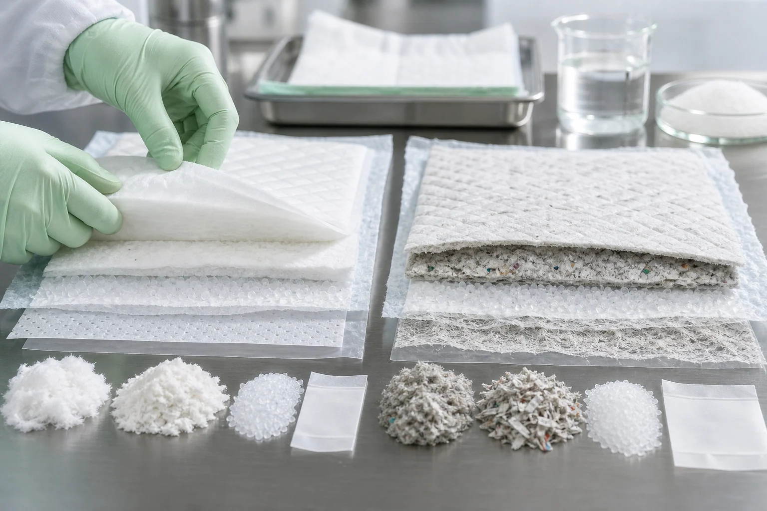Absorbent pet pad material layers for pulp comparison