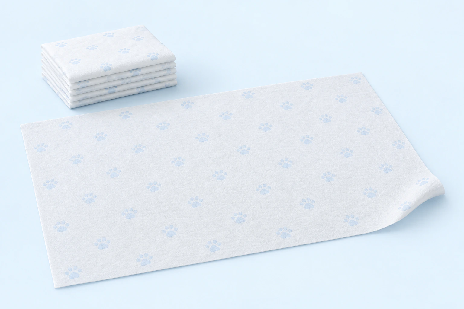 AI illustration of custom paw-pattern printing on non-woven fabric absorbent cleanup sheets.