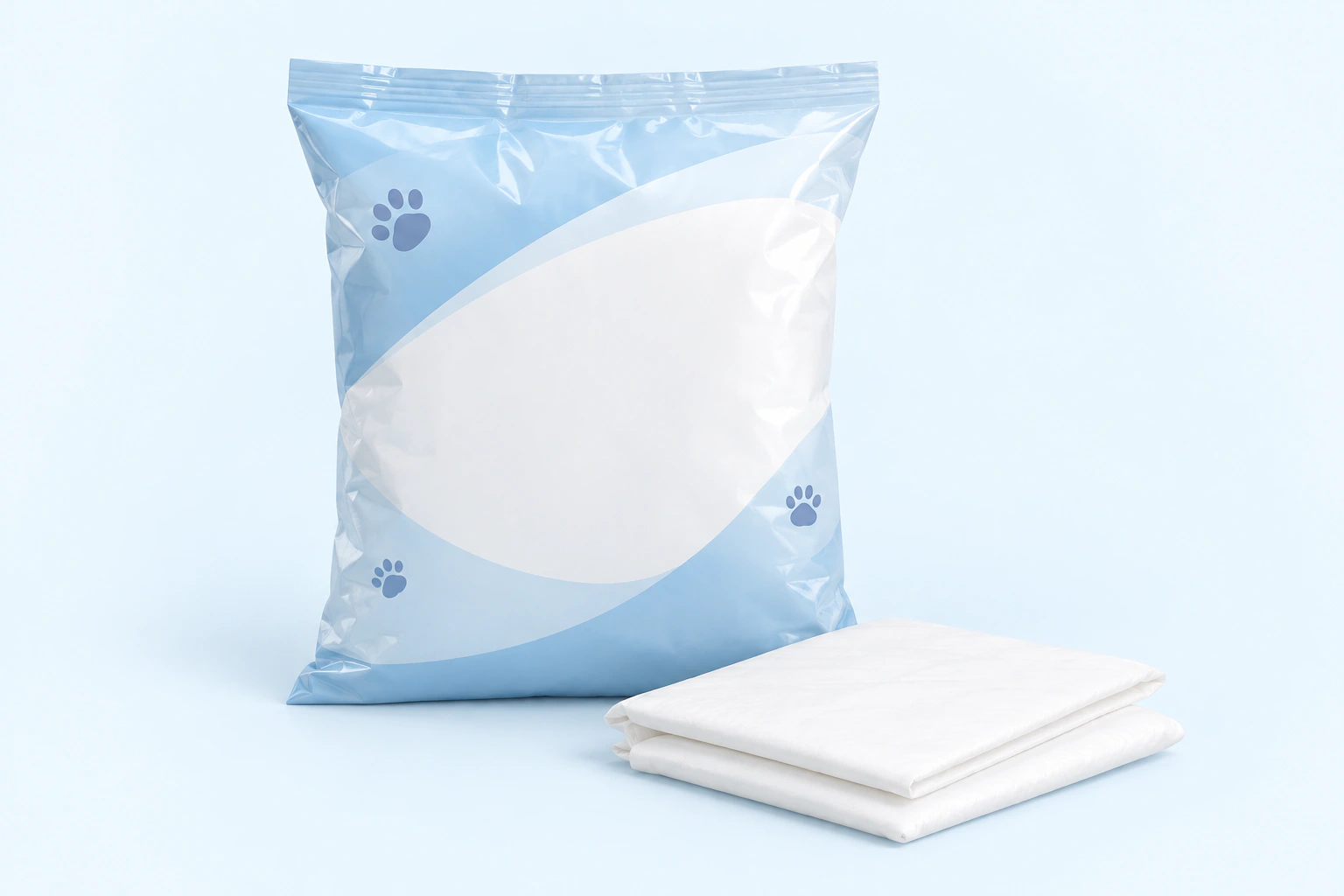AI concept of a custom color-printed flexible plastic bag for absorbent sheets.