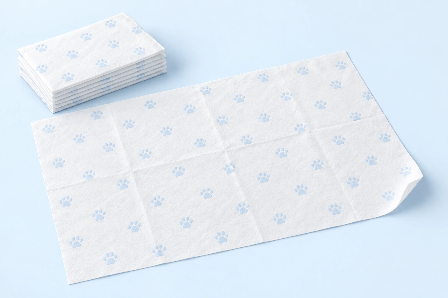 AI illustration of custom paw-pattern printing on thickened wet-strength tissue paper absorbent cleanup sheets.