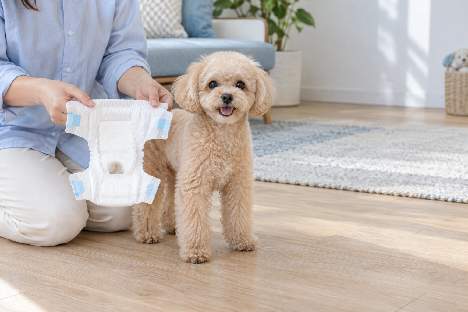 Female dog diapers: Open & prepare — AI usage illustration