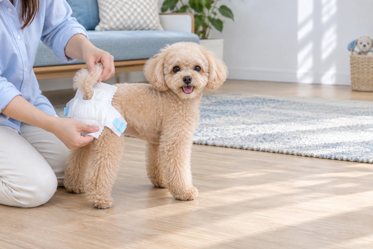 Female dog diapers: Position gently — AI usage illustration