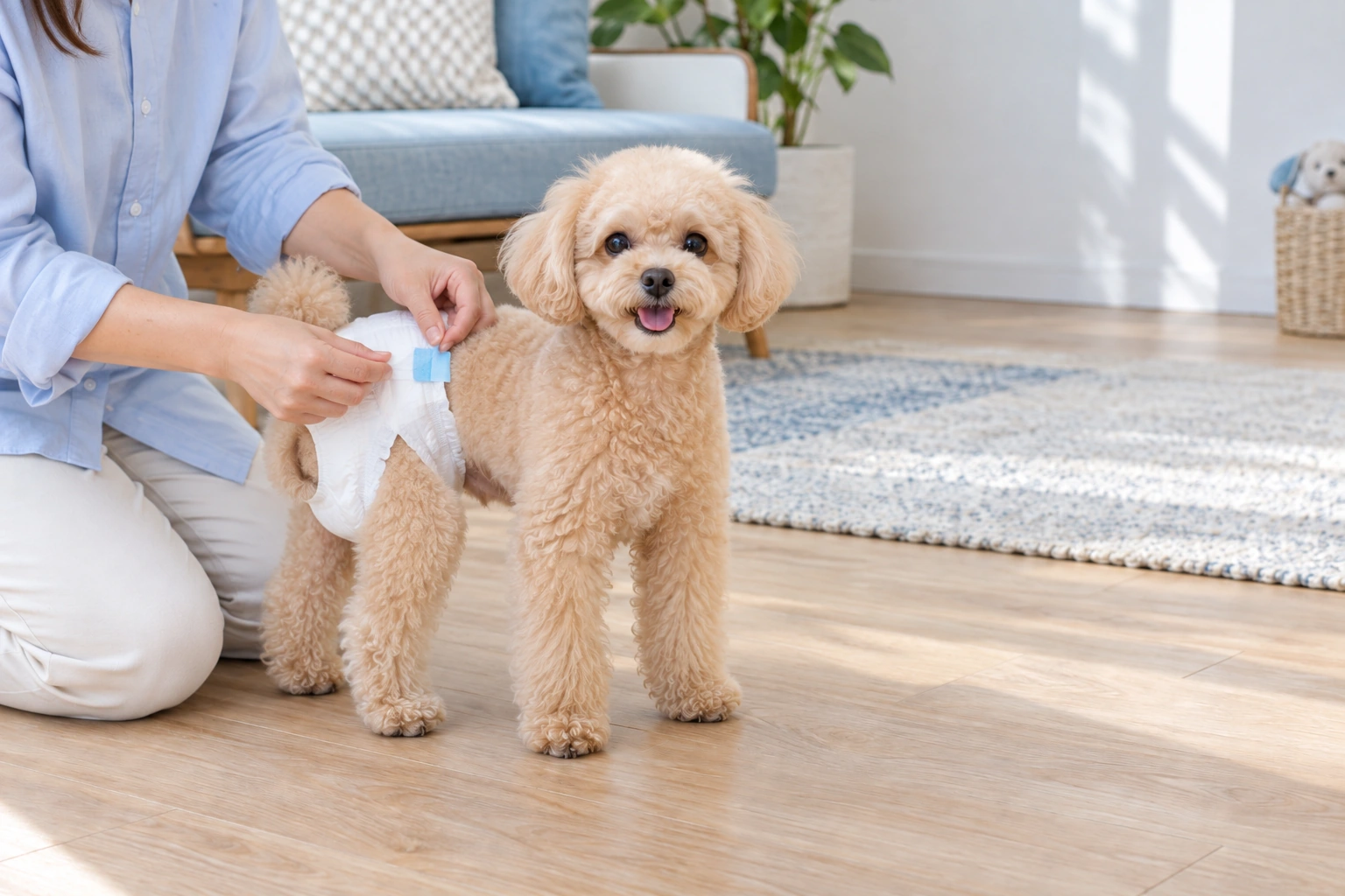 Female dog diapers: Fasten & check — AI usage illustration