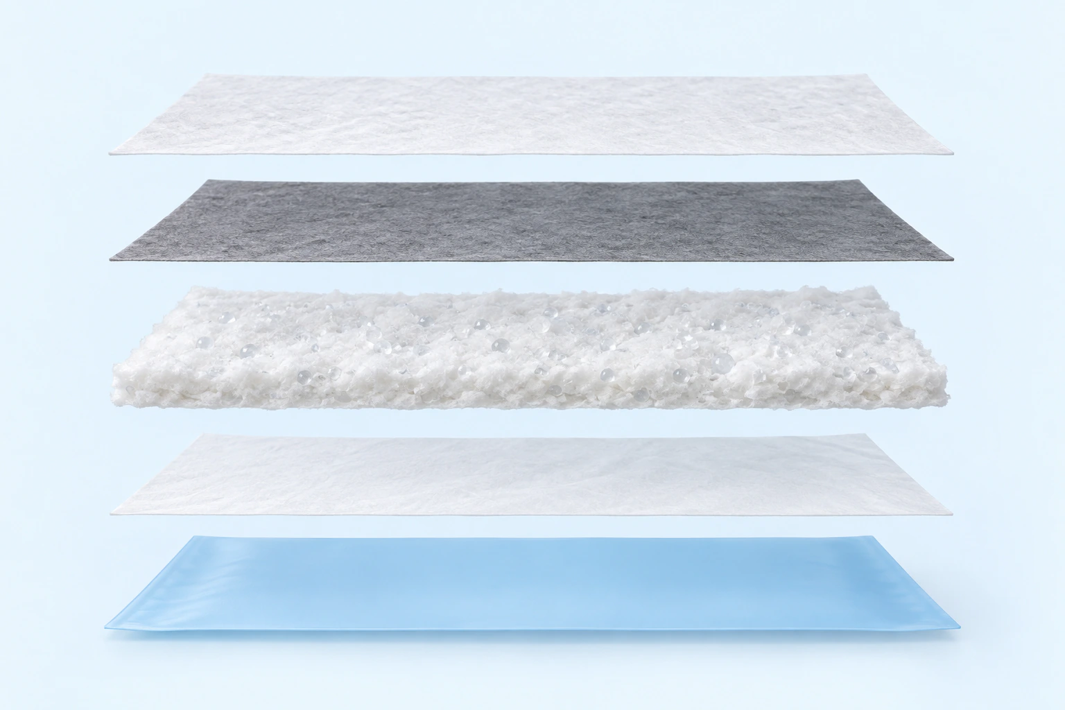 AI five-layer illustration: non-woven fabric, bamboo charcoal paper, wood pulp and SAP, tissue paper, PE backing.