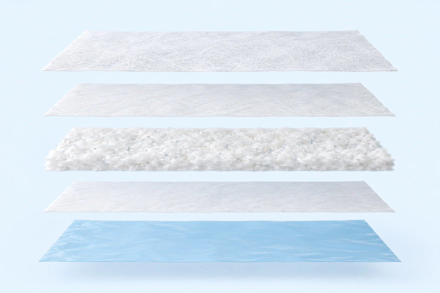 AI five-layer illustration: non-woven fabric, tissue paper, wood pulp and SAP, tissue paper, PE backing.