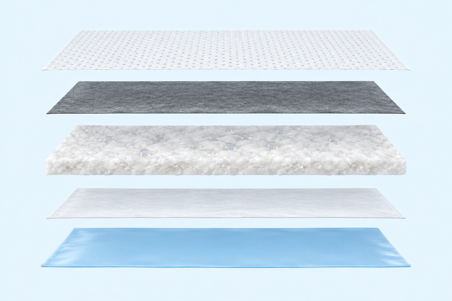 AI five-layer illustration: perforated film, bamboo charcoal paper, wood pulp and SAP, tissue paper, PE backing.