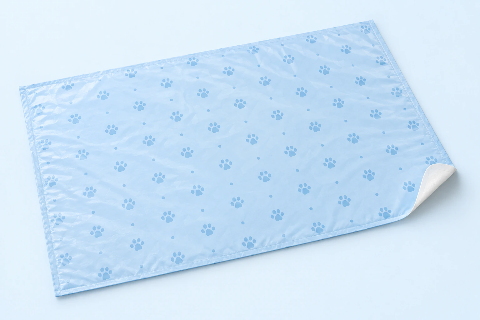 AI product illustration: paw patterns printed directly on the PE backing film in layer 05, viewed from underneath.