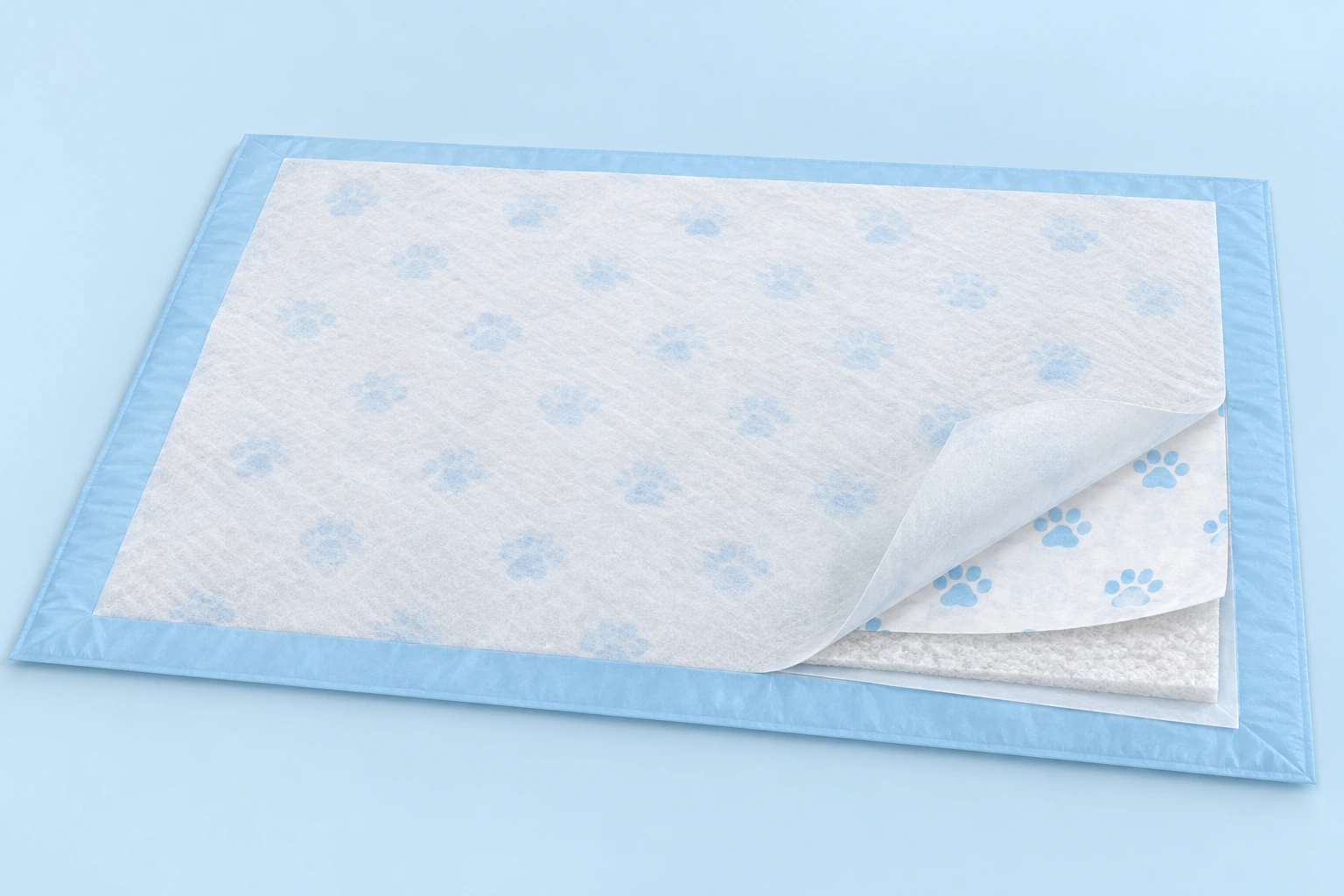 AI cutaway: printed tissue in layer 02 beneath an unprinted non-woven cover, with the pattern visible through the cover.